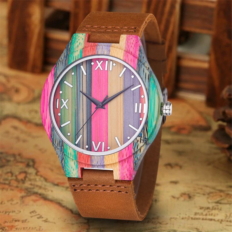 Mode Färgglad Fodral Urtavla Läderrem Creative Style Casual Herrklocka Quartz Watch