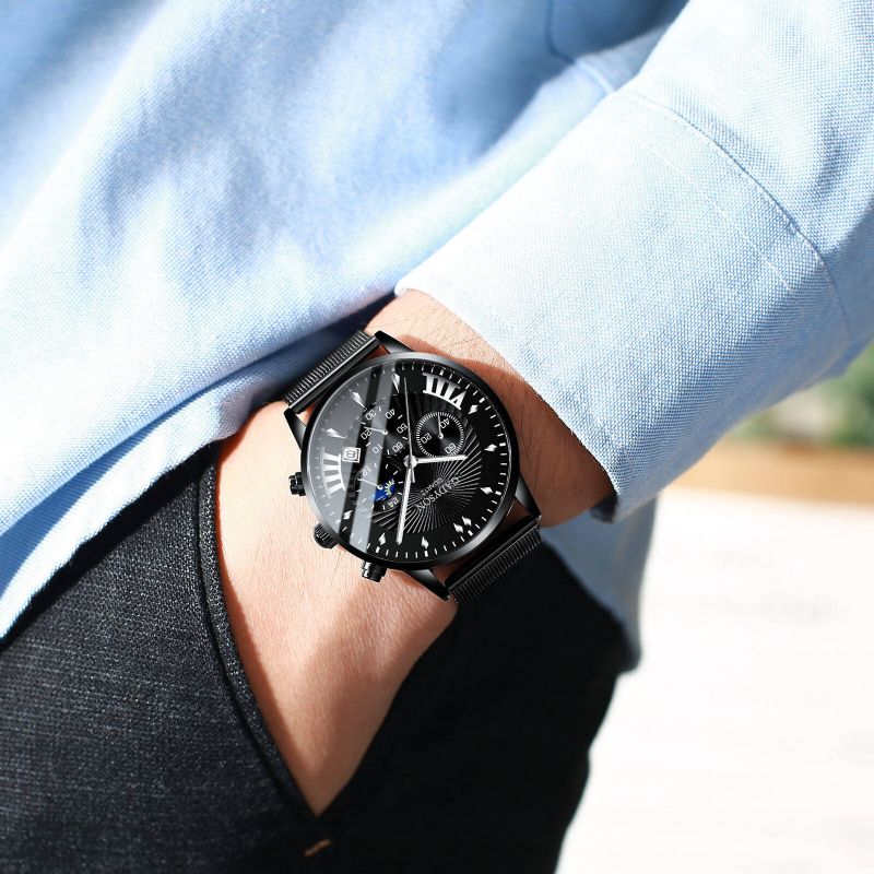Mode Herrklocka Luminous Date Display Metal Mesh Bälte Business Quartz Watch