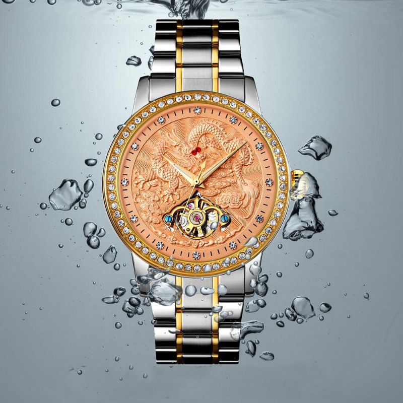 Mode Män Automatisk Klocka Dragon Diamond Hollow Big Dial Hardlex Glas Vattentät Mekanisk Klocka