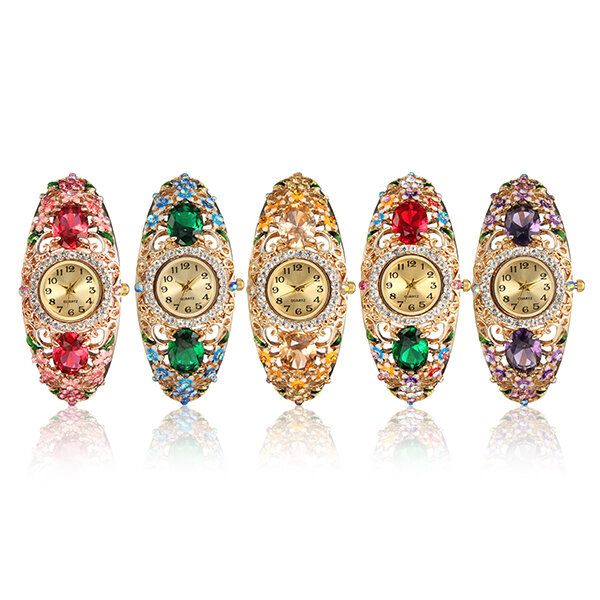 Retro Stil Damarmbandsklocka Flower Diamond Quartz Watch