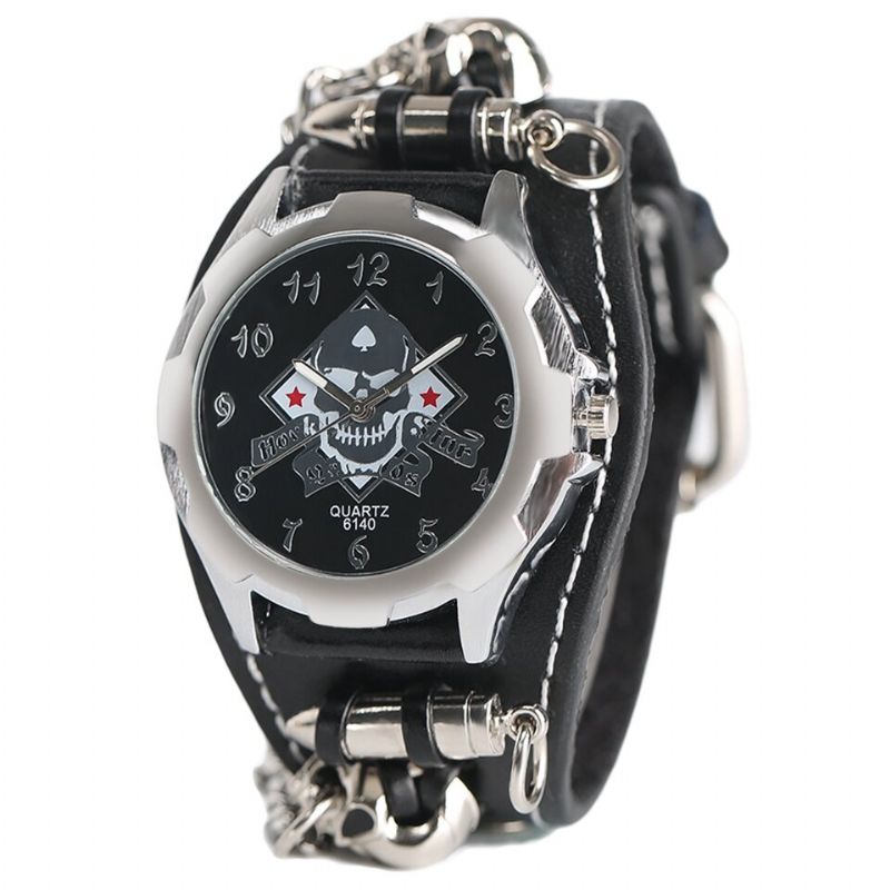 Vintage Square Dial Herrklocka Hollow Skull Leather Quartz Watch