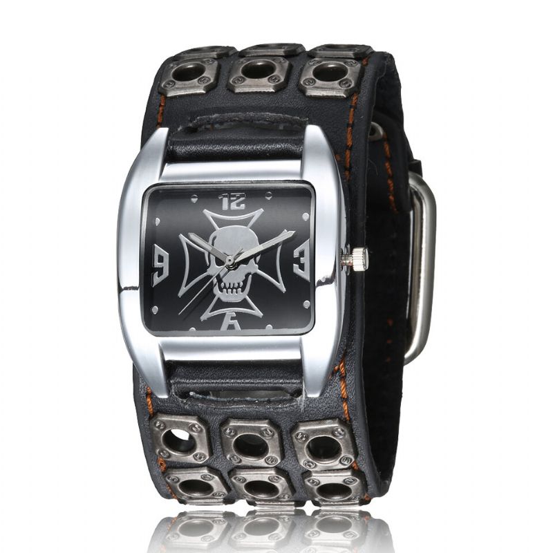 Vintage Square Dial Herrklocka Hollow Skull Leather Quartz Watch