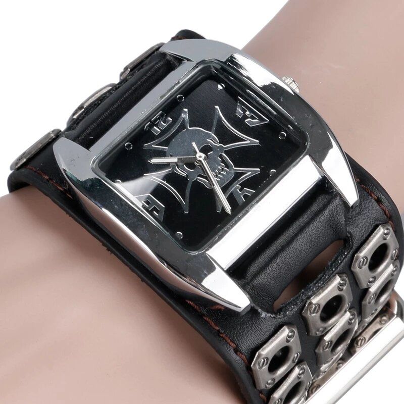 Vintage Square Dial Herrklocka Hollow Skull Leather Quartz Watch