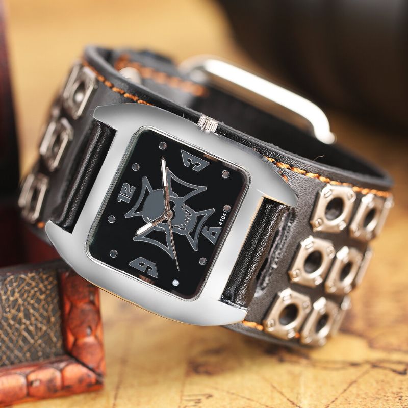 Vintage Square Dial Herrklocka Hollow Skull Leather Quartz Watch