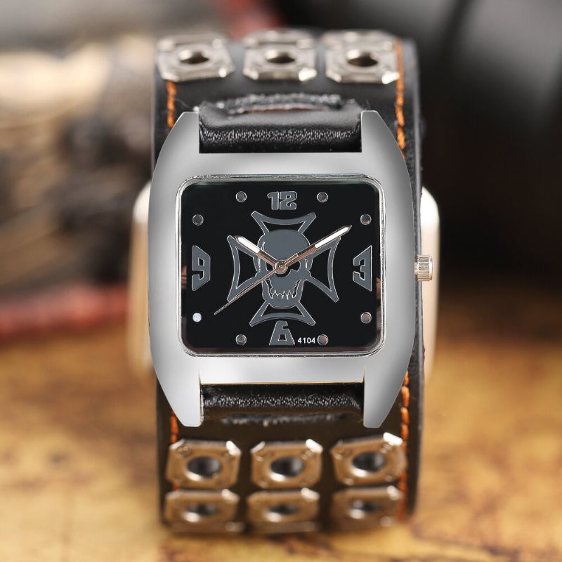 Vintage Square Dial Herrklocka Hollow Skull Leather Quartz Watch