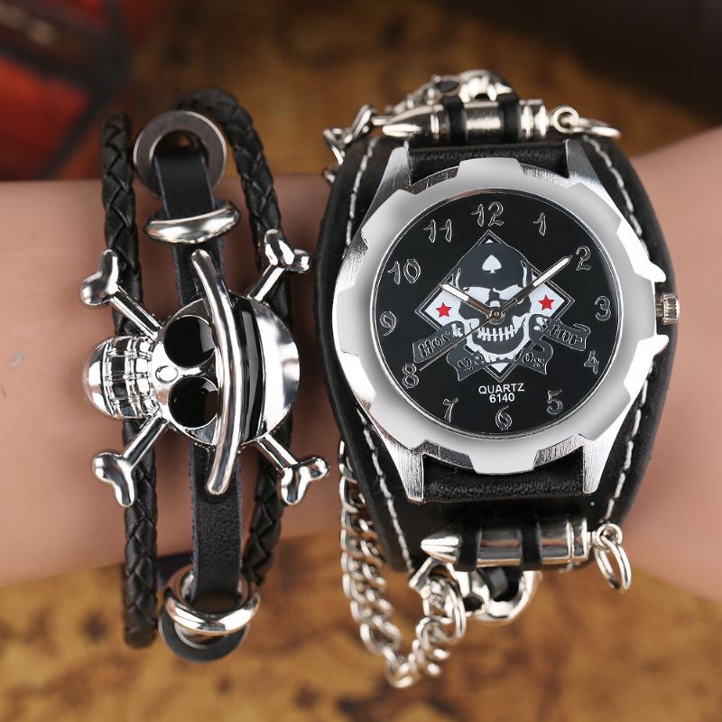 Vintage Square Dial Herrklocka Hollow Skull Leather Quartz Watch