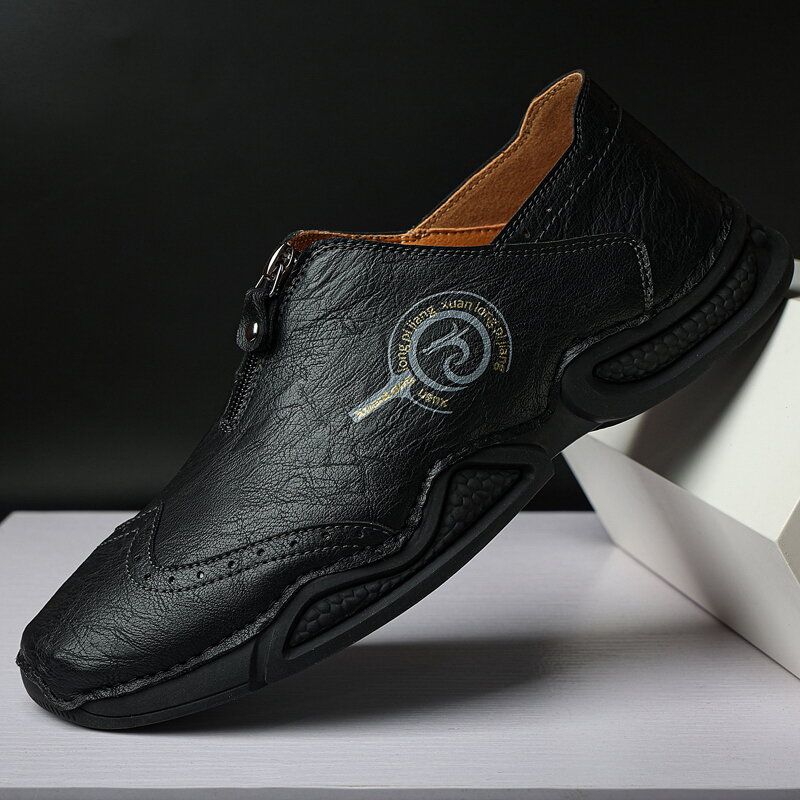 Herr Brogue Front Zip Mjuk Sula Casual Skor I Äkta Läder