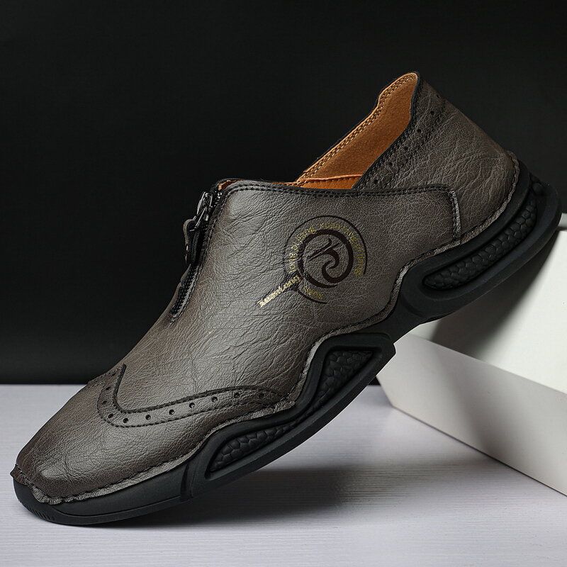 Herr Brogue Front Zip Mjuk Sula Casual Skor I Äkta Läder