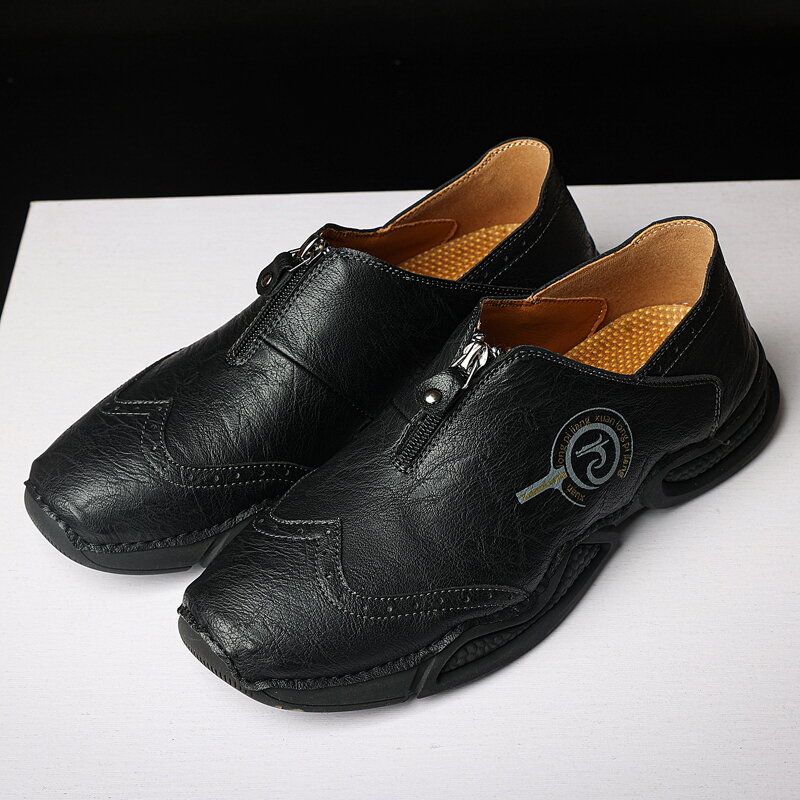 Herr Brogue Front Zip Mjuk Sula Casual Skor I Äkta Läder