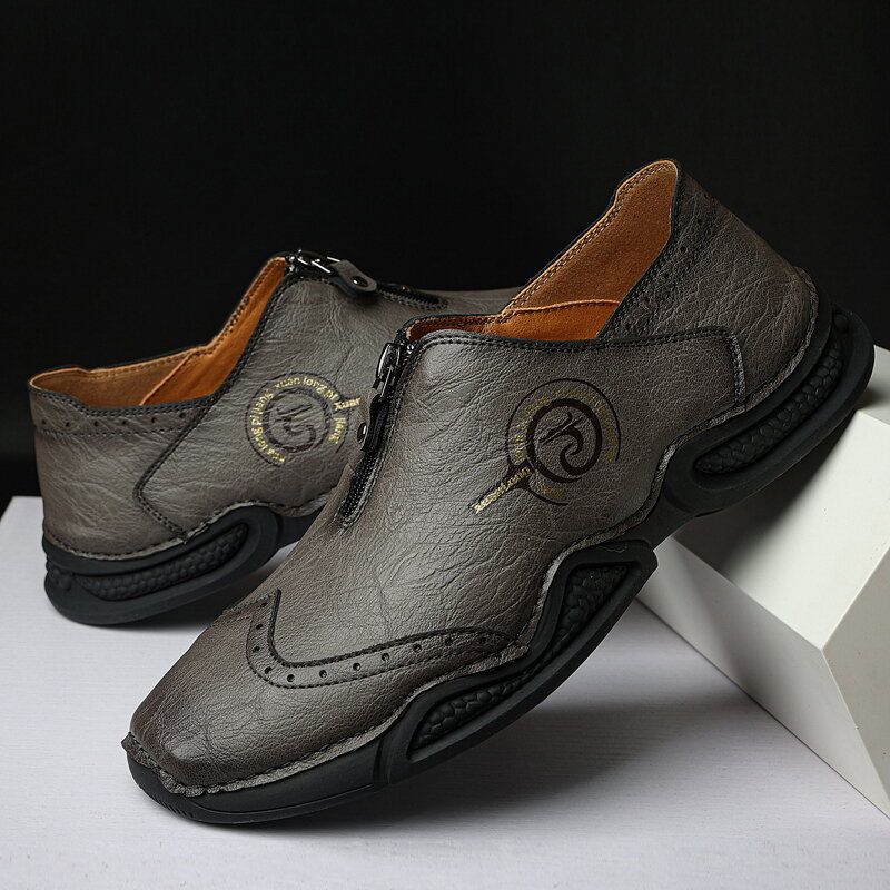 Herr Brogue Front Zip Mjuk Sula Casual Skor I Äkta Läder