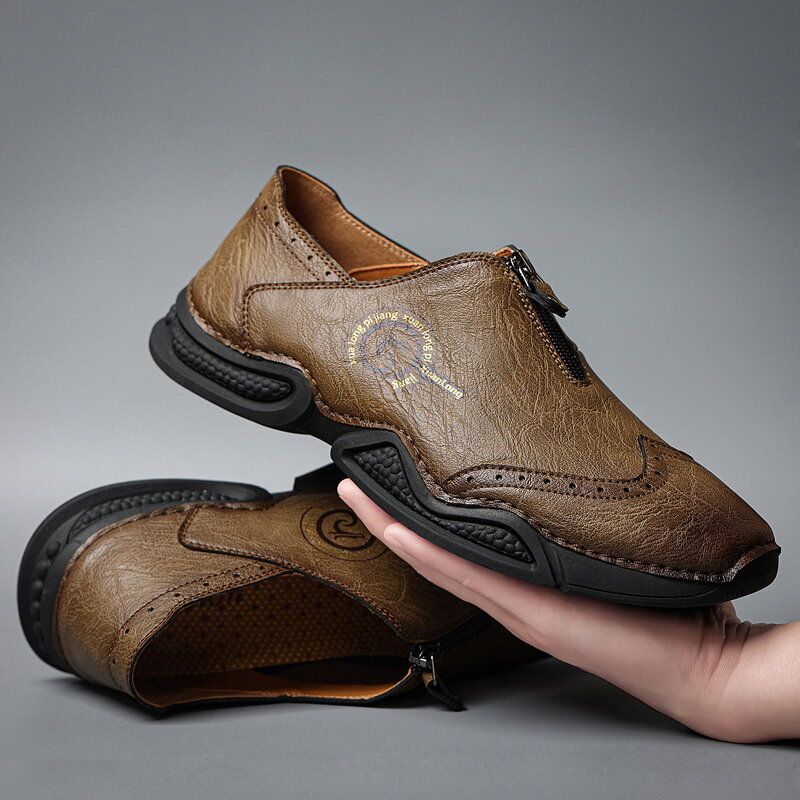 Herr Brogue Front Zip Mjuk Sula Casual Skor I Äkta Läder