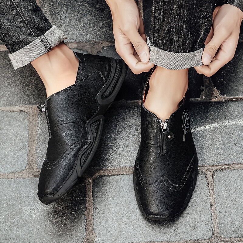 Herr Brogue Front Zip Mjuk Sula Casual Skor I Äkta Läder