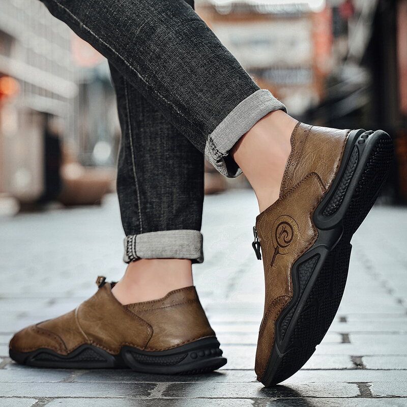 Herr Brogue Front Zip Mjuk Sula Casual Skor I Äkta Läder
