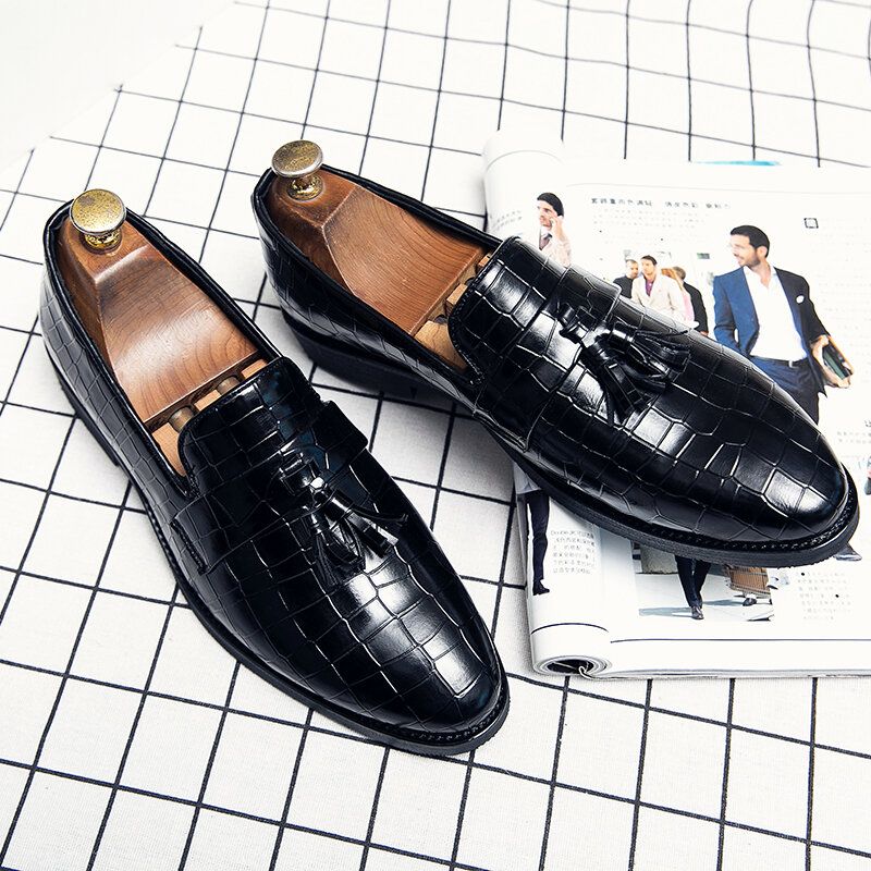 Män Läder Andas Mjuk Sula Retro Crocodile Grain Slip On Casual Skor