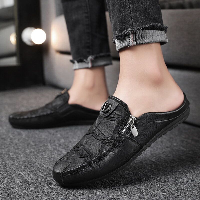Män Läder Vintage Andas Mjuk Bottensluten Tå Bekväma Casual Flat Tofflor
