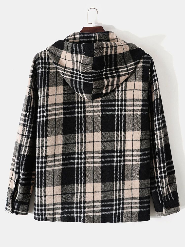 Herr Rutig Dragkedja Dubbla Fickor Knapp Dragsko Casual Långärmade Huvjackor