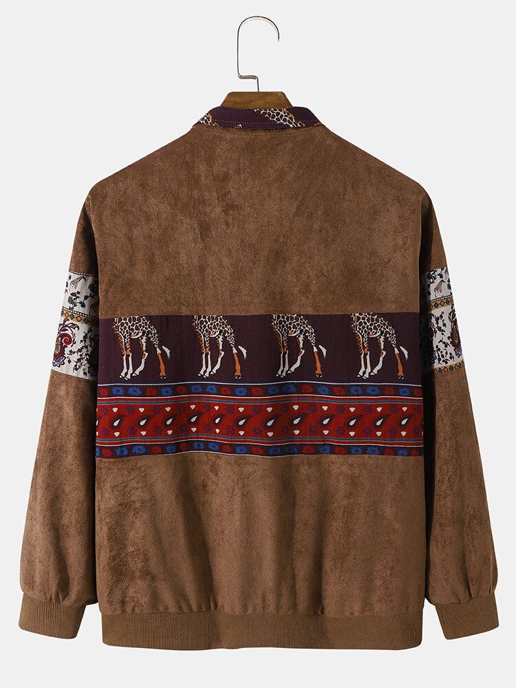 Män Etniskt Djur Paisleytryck Patchwork Zipper Faux Mockajackor