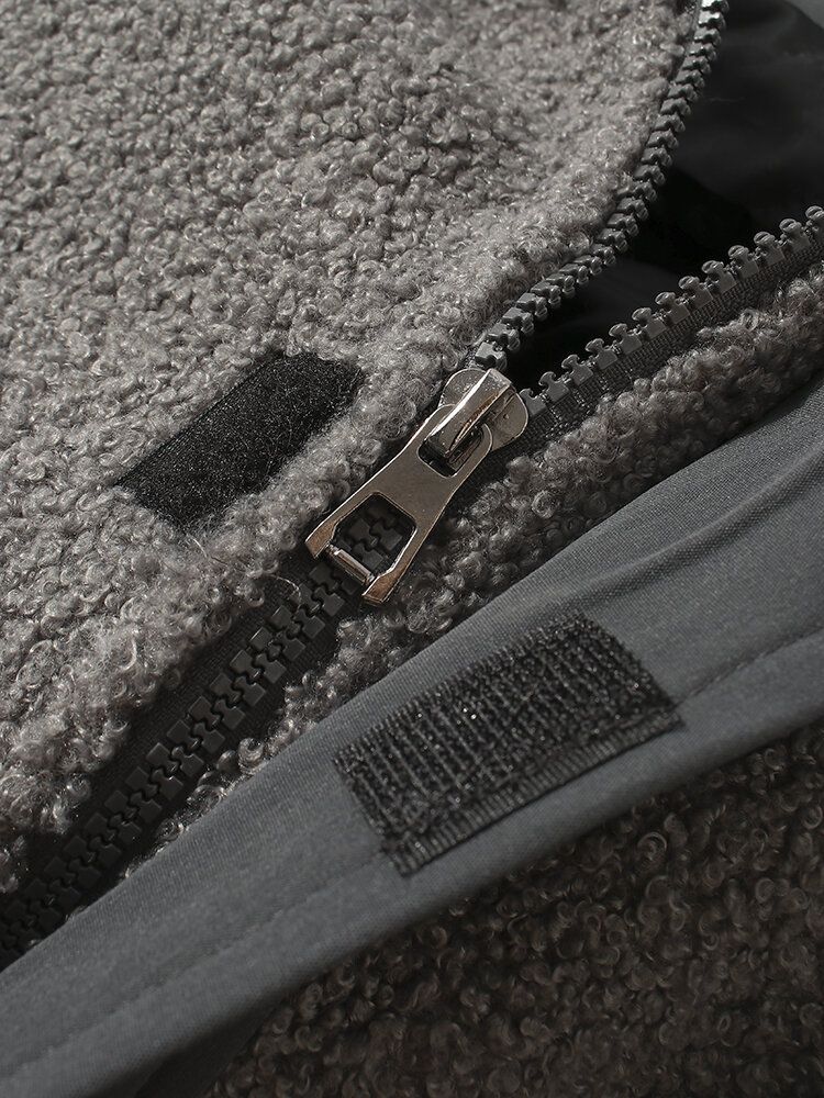 Patchwork Långärmad Jacka Med Dubbla Fickor I Plysch Med Huva
