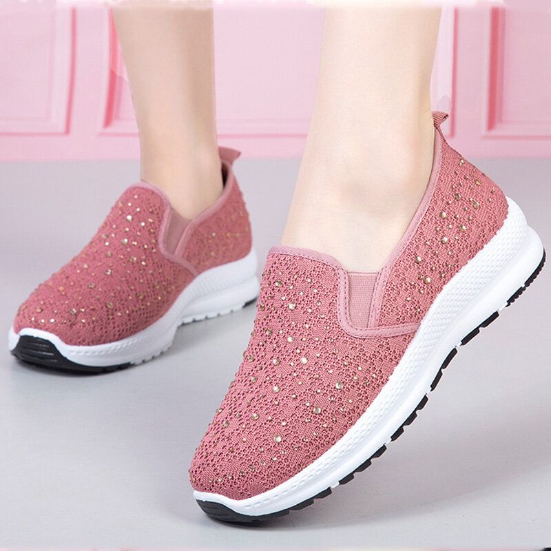 Dam Casual Rhinestone Andas Stickade Mjuka Platta Promenadsneakers