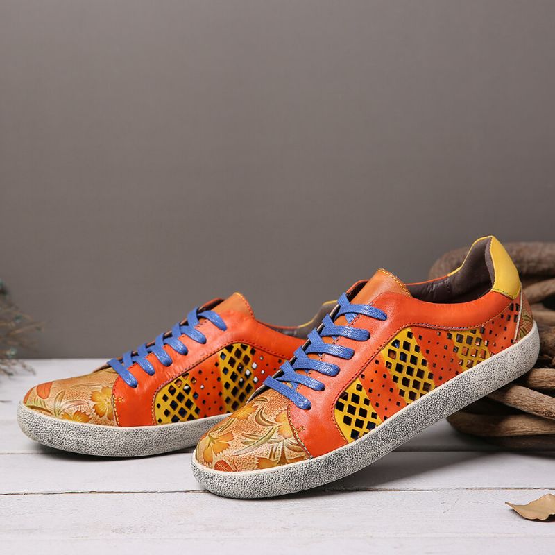 Retro Lädertryckmönster Utskärning Splicing Snöra Casual Sneakers