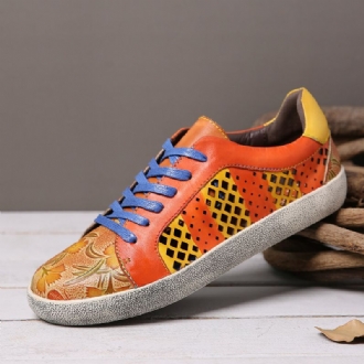 Retro Lädertryckmönster Utskärning Splicing Snöra Casual Sneakers