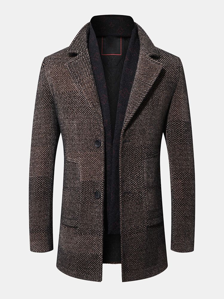 Enkelknäppt Platt Krage För Män Business Trenchcoats I Ylle Med Halsduk