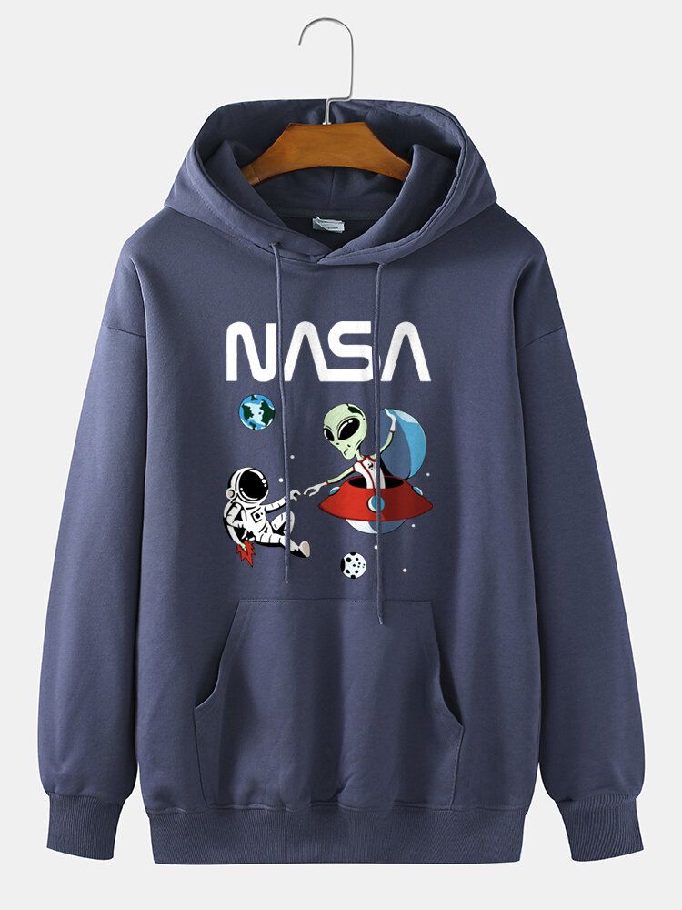 Astronaut Alien Tecknat Tryck För Män 100% Bomull Casual Lös Tröja Luvtröja