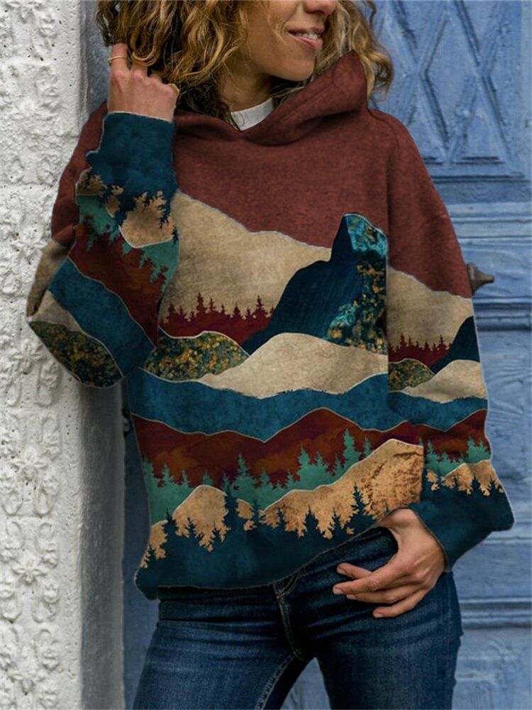 Dam Landskapstryck Drop Shoulder Casual Pullover Hoodies