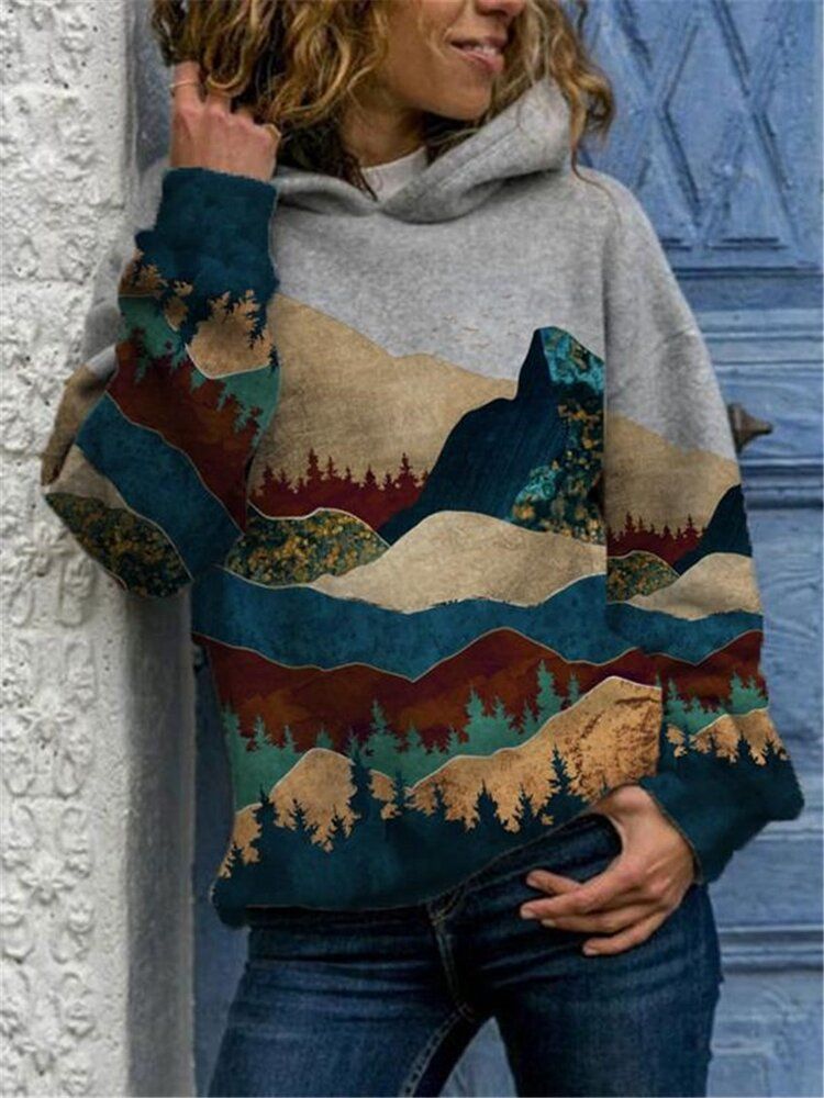 Dam Landskapstryck Drop Shoulder Casual Pullover Hoodies