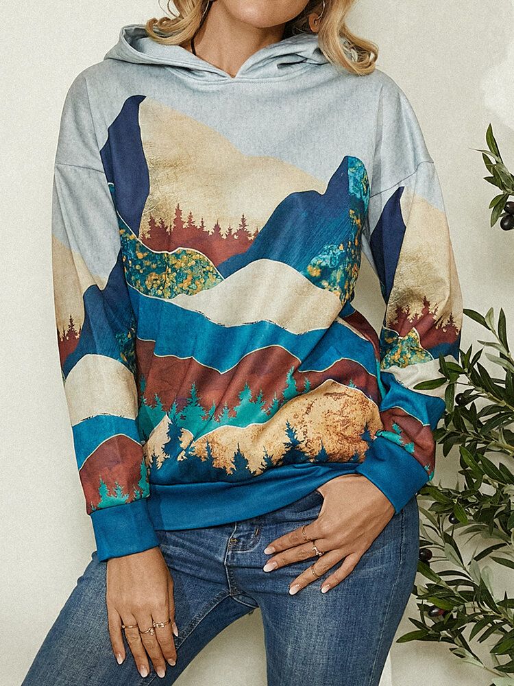 Dam Landskapstryck Drop Shoulder Casual Pullover Hoodies