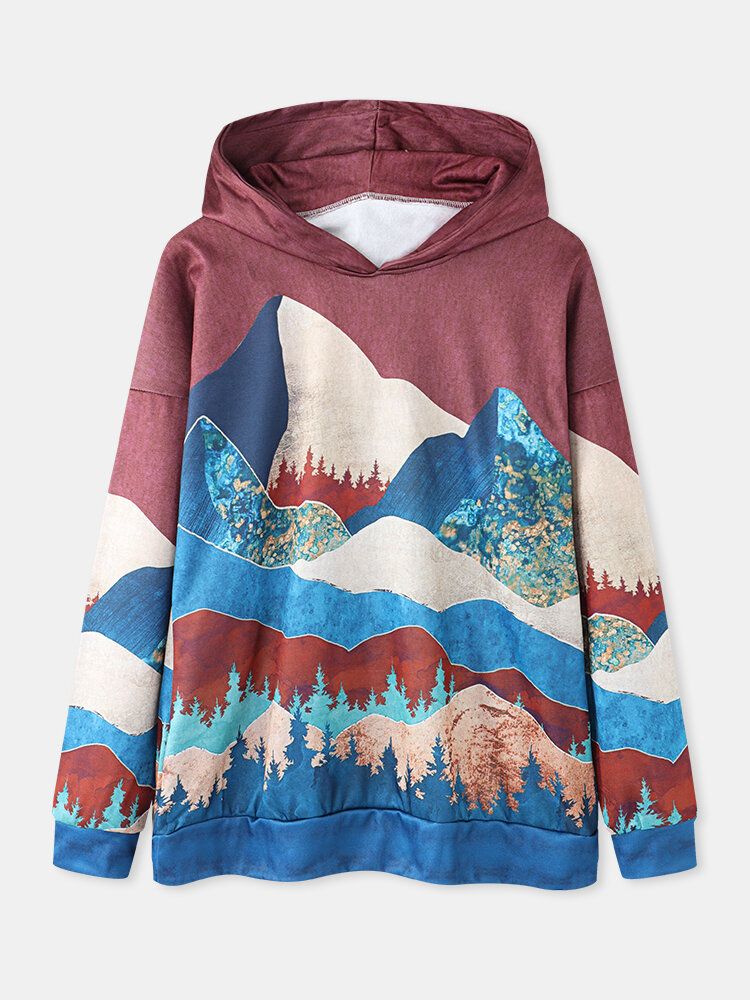 Dam Landskapstryck Drop Shoulder Casual Pullover Hoodies