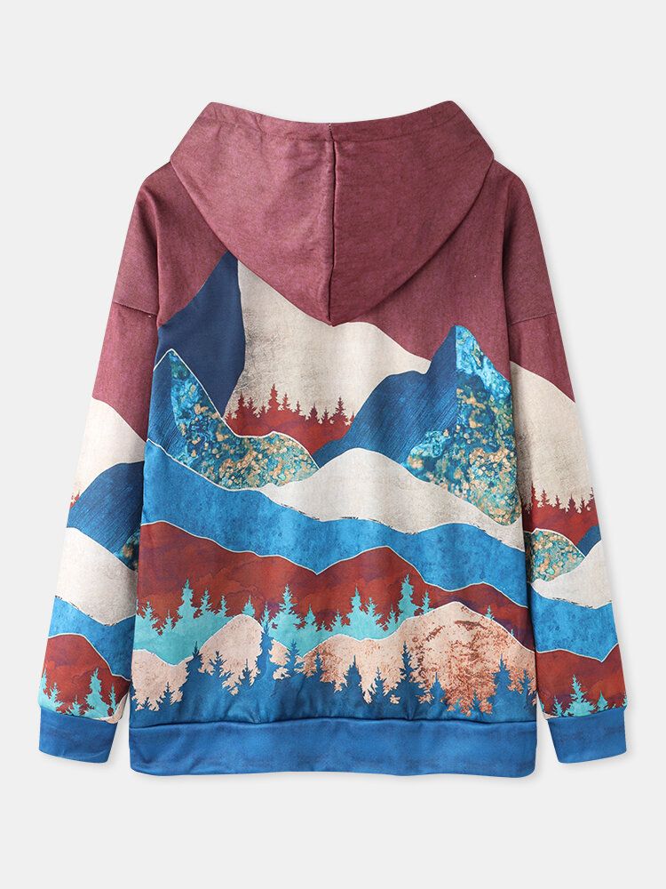 Dam Landskapstryck Drop Shoulder Casual Pullover Hoodies