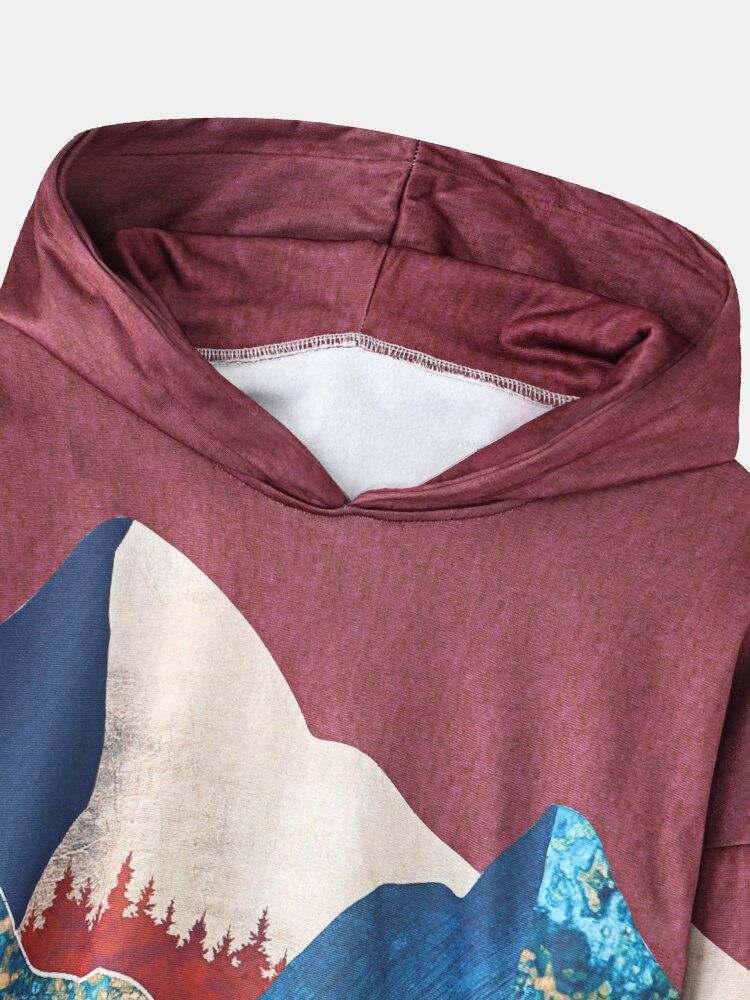 Dam Landskapstryck Drop Shoulder Casual Pullover Hoodies