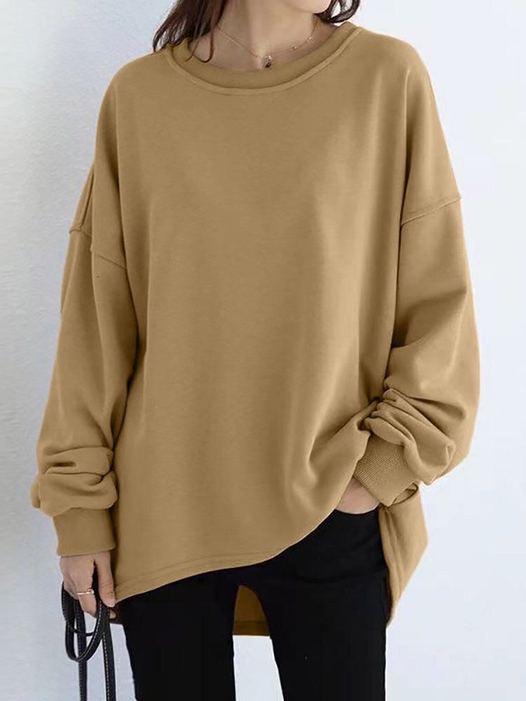 Dam Lös Tjock Rygggaffel Hög Låg Solid Casual Pullover Sweatshirt