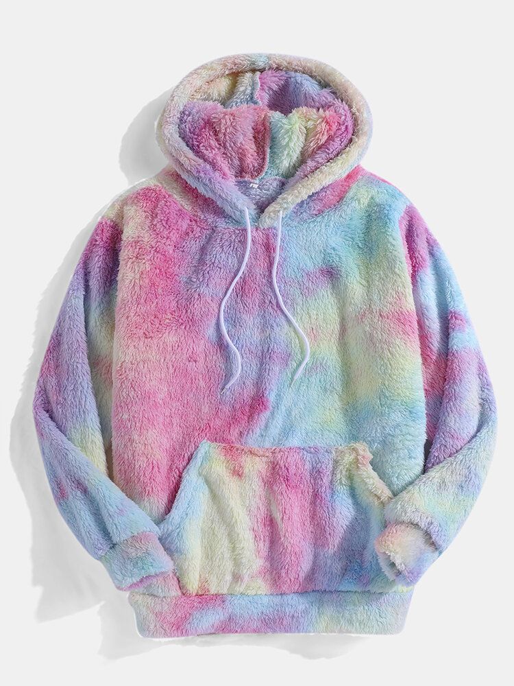 Färgglad Tie Dye Plysch Långärmad Fluffig Luvtröja För Män Med Ficka
