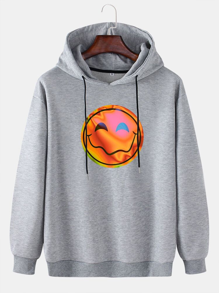 Funny Flame Smile Emojistryck För Män Med Dragsko Casual Pullover Hoodie