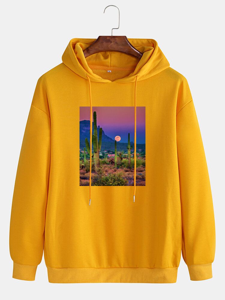 Herr Cactus Landscape Graphic Drop Shoulder Huvtröjor Med Dragsko