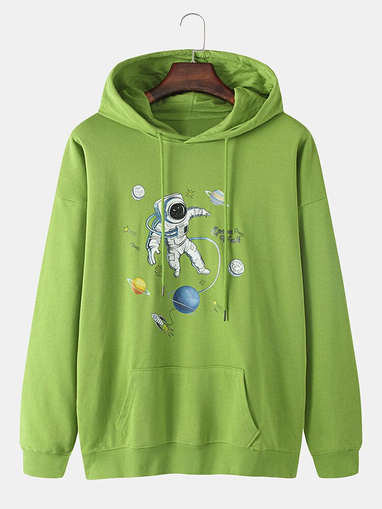 Herr Planet Astronaut Print Bomullshuvtröjor Med Känguruficka