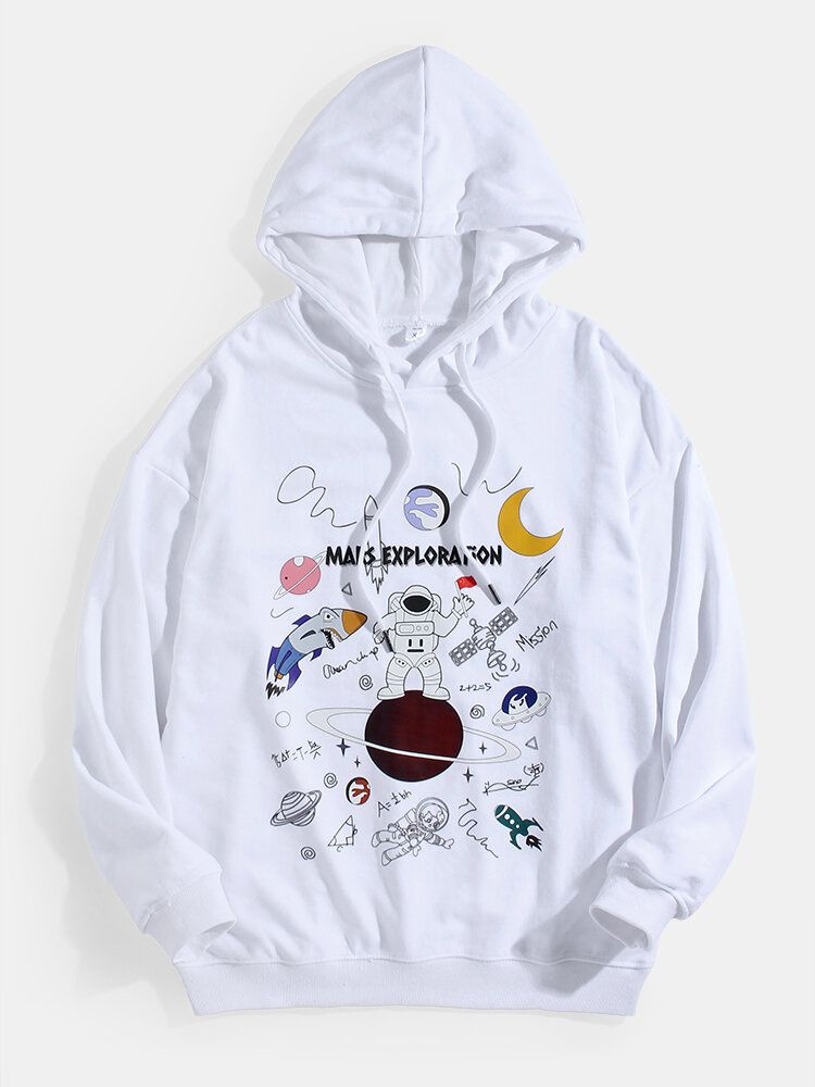 Herr Tecknad Astronaut Planet Print Drop Shoulder Bomull Söta Hoodies