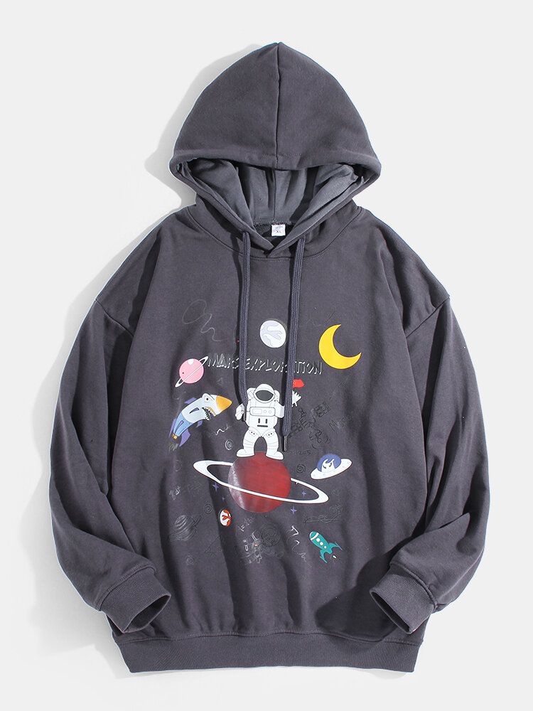 Herr Tecknad Astronaut Planet Print Drop Shoulder Bomull Söta Hoodies