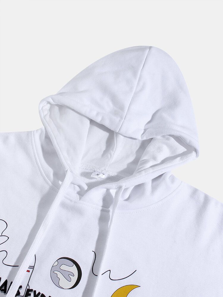 Herr Tecknad Astronaut Planet Print Drop Shoulder Bomull Söta Hoodies