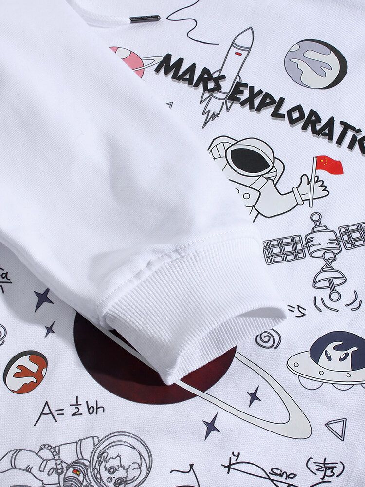 Herr Tecknad Astronaut Planet Print Drop Shoulder Bomull Söta Hoodies