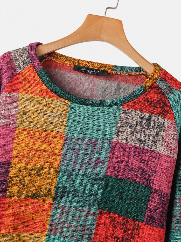 Kvinnor Color Block Rundhalsad Raglan Ärm Vintage Casual Sweatshirts