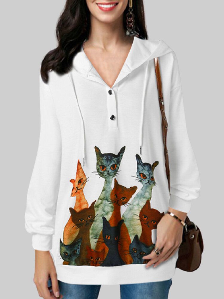 Kvinnor Multi Cartoon Cat Printed Långärmad Söta Vita Hoodies