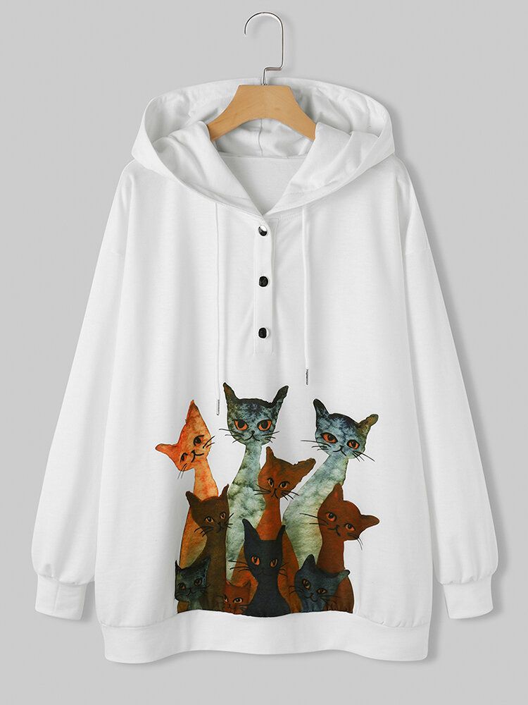 Kvinnor Multi Cartoon Cat Printed Långärmad Söta Vita Hoodies