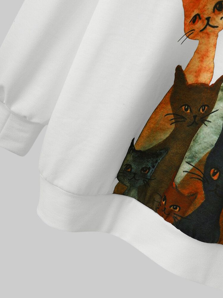 Kvinnor Multi Cartoon Cat Printed Långärmad Söta Vita Hoodies