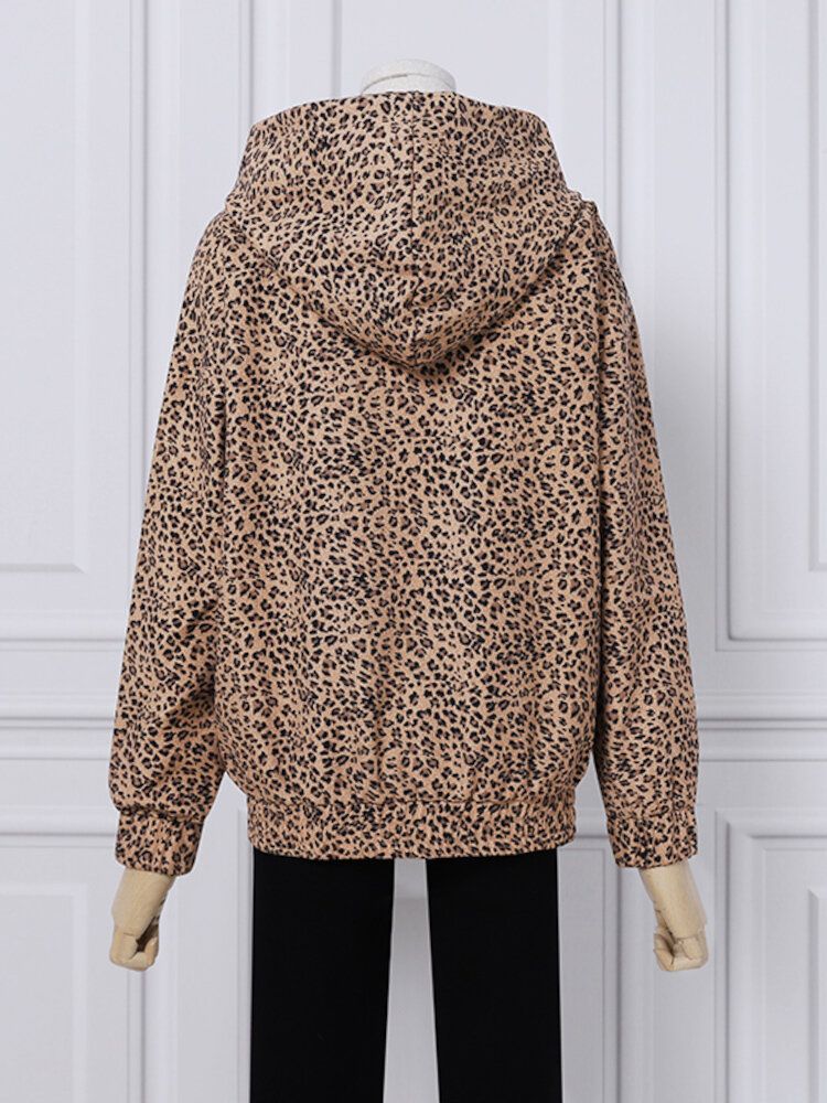 Leopardtryckt Leopardtryckt Frontficka Helärmad Hoodkrage Casual Sweatshirt