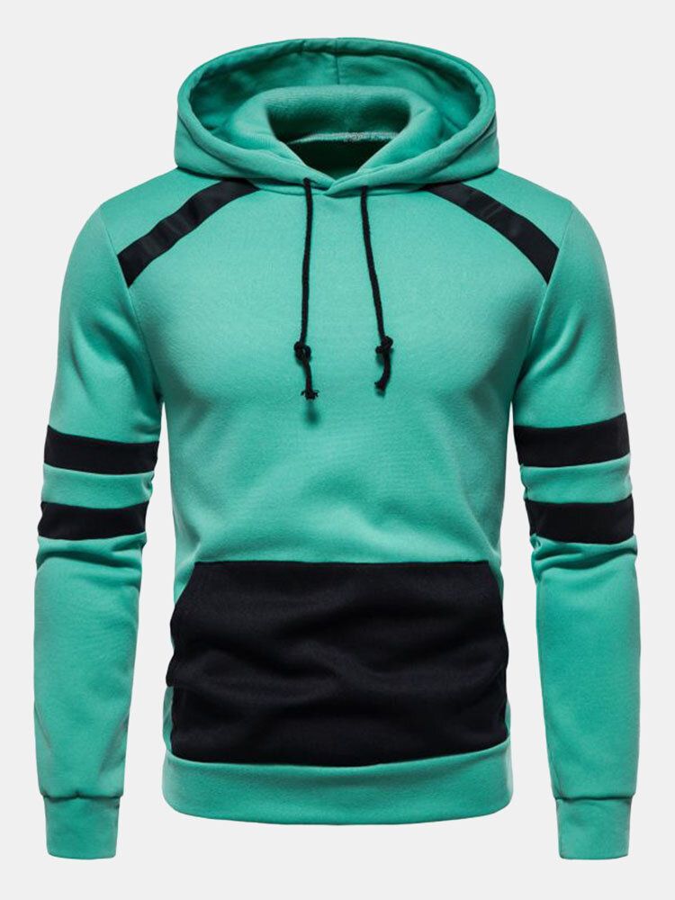 Män Färg Block Strip Patch Känguruficka Dragsko Casual Huvtröja
