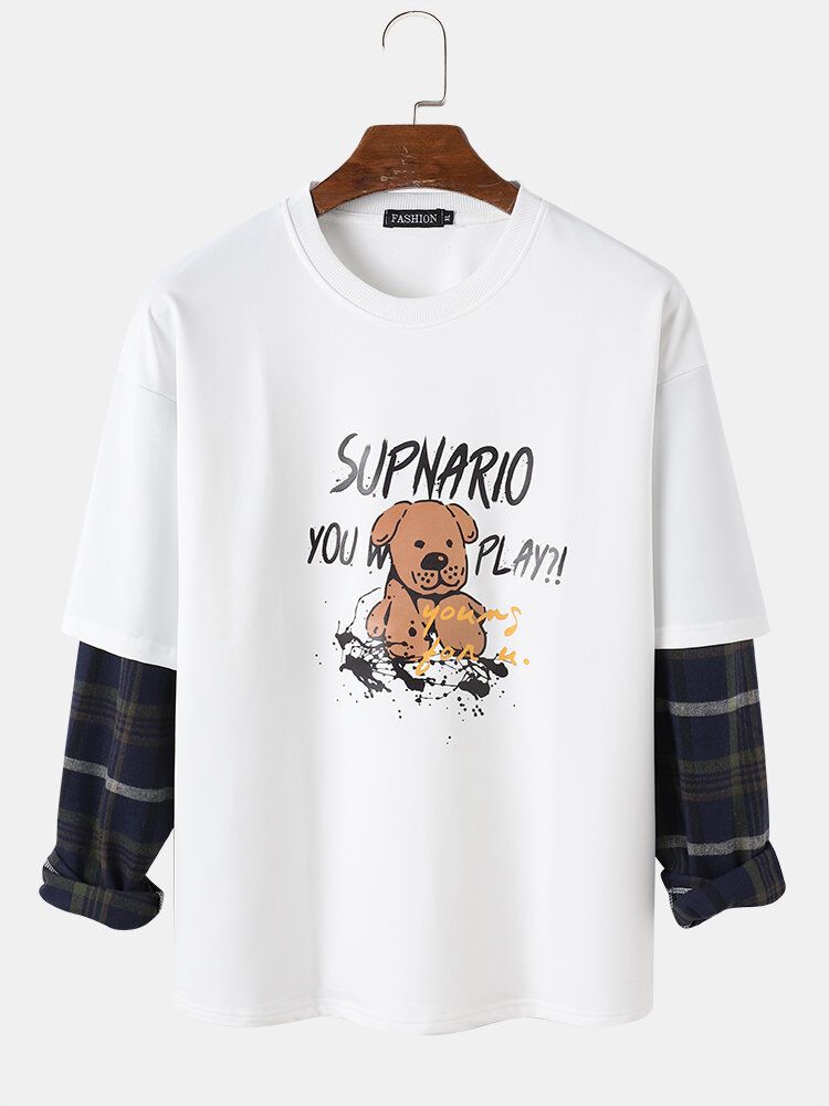Män Letter Cartoon Dog Print Drop Shoulder Patchwork Plädade Tröjor