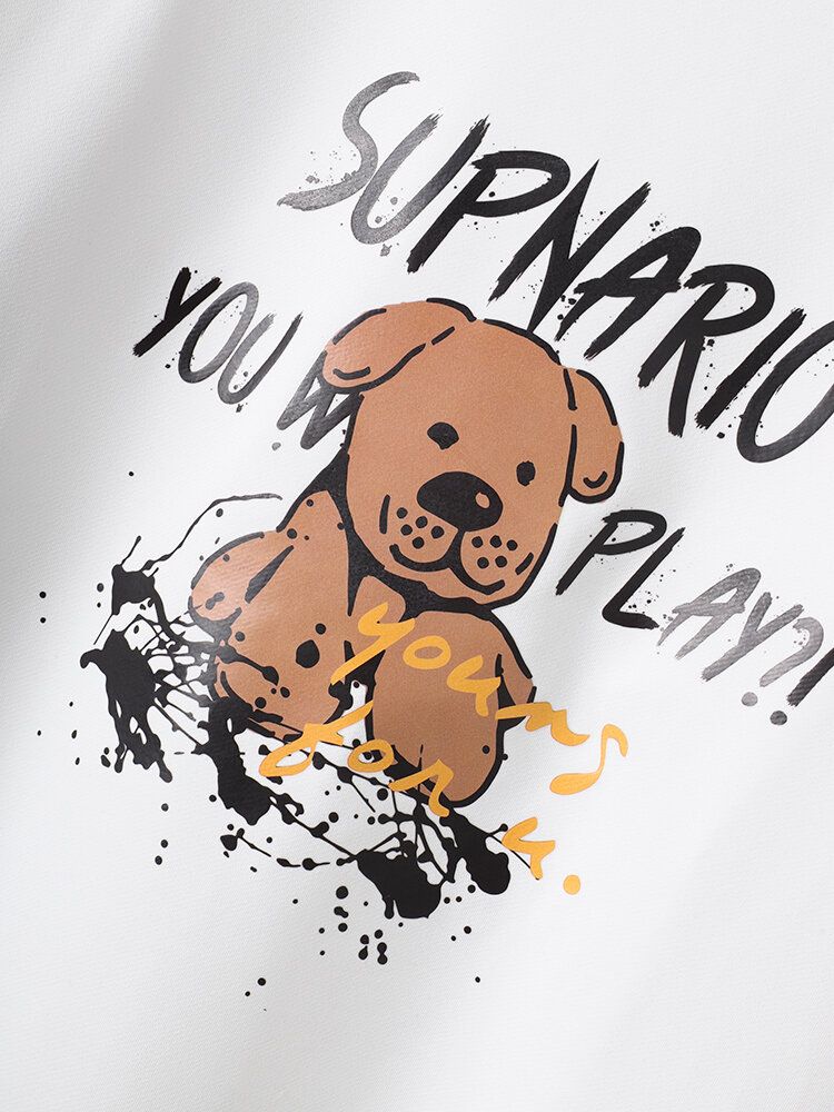 Män Letter Cartoon Dog Print Drop Shoulder Patchwork Plädade Tröjor